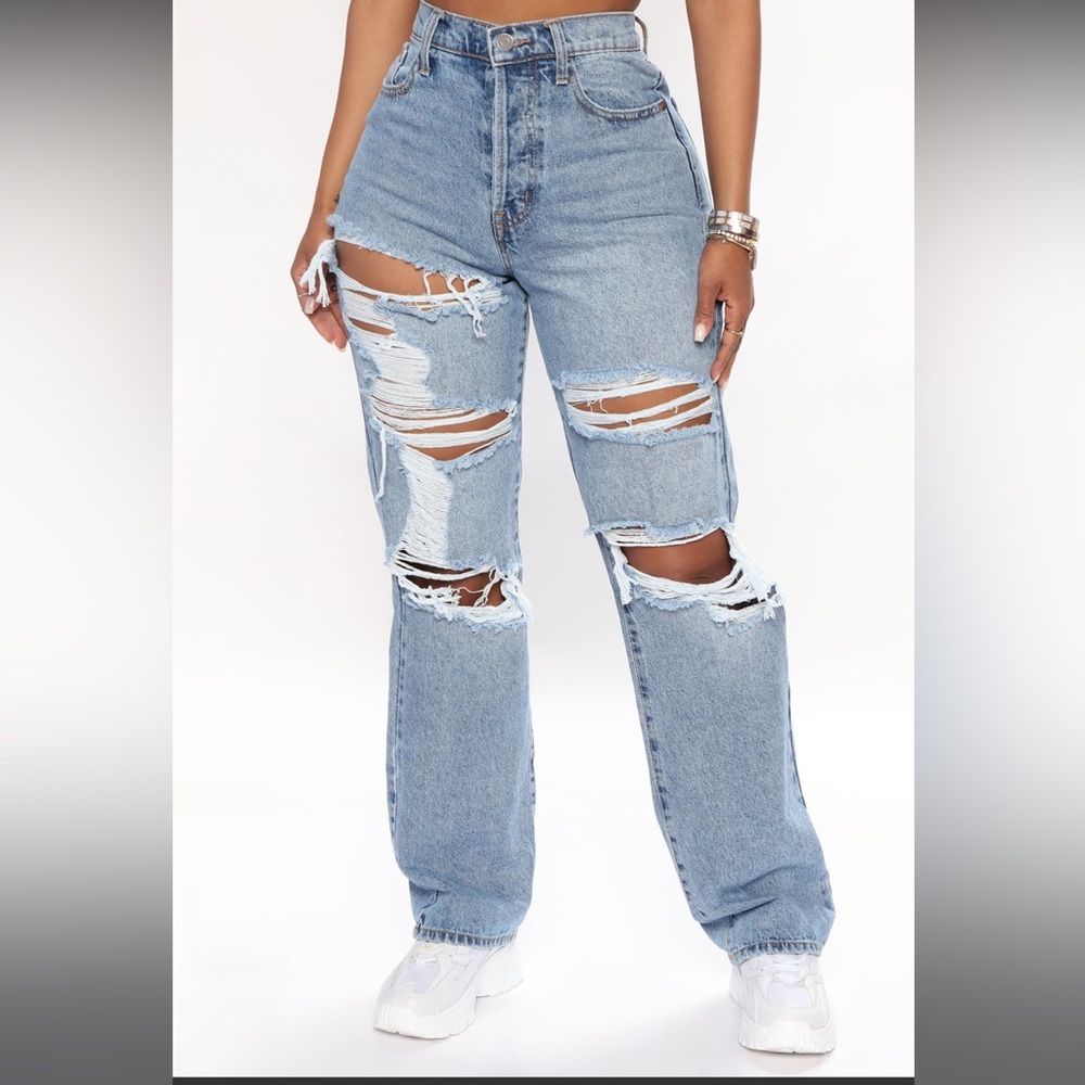 Fashion Nova Seeking Thrills Shredded Straight Leg Jeans - Medium Wash